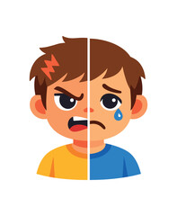 kid with half angry half sad face split color emoticon complex feelings behind tantrum clean shapes. colored flat icon vector illustration