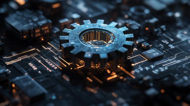 Mechanical gear spinning on electronic circuit board, tech component in motion, digital machinery, computer hardware, futuristic tech, mechanical automation.