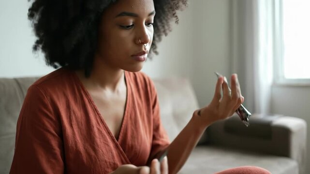 Young African American woman applying intricate henna tattoo to her hand while sitting on a couch at home