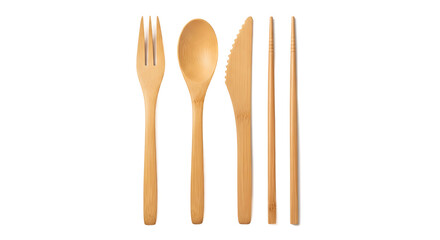 Bamboo utensils set on transparent background, featuring spoon, fork, knife, chopsticks, and stirrer.