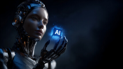 Naklejka premium futuristic robot girl with ai cube, artificial intelligence android holding digital ai, hyperrealistic futuristic ai technology concept