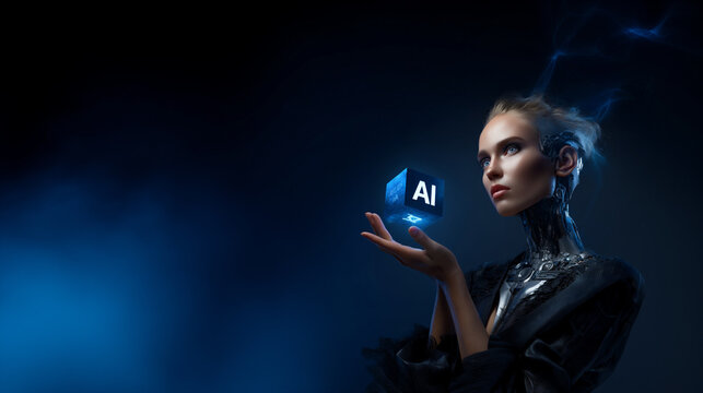 futuristic robot girl with ai cube, artificial intelligence android holding digital ai, hyperrealistic futuristic ai technology concept