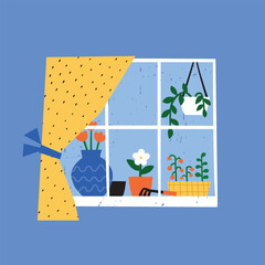 Cozy window with houseplants, simple flat illustration, home gardening scene, calm interior and nature care concept
