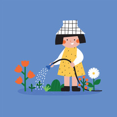 Girl watering garden plants, simple flat illustration for kids, outdoor gardening activity and calm nature routine