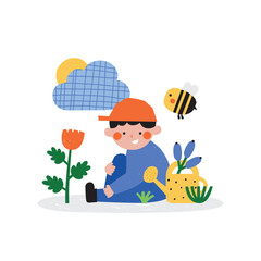 Boy sitting in garden with bee, simple flat illustration for kids, nature observation and calm outdoor moment