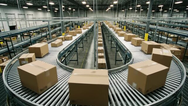 Cardboard boxes move along a curved roller conveyor belt system in a large industrial distribution warehouse center
