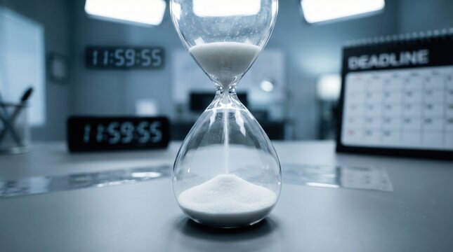 Hourglass sand timer counting down the final seconds on an office desk, symbolizing a looming deadline and urgency concept.
