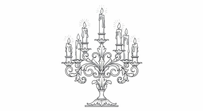 Line drawing of a traditional menorah with multiple candle holders on a white background.