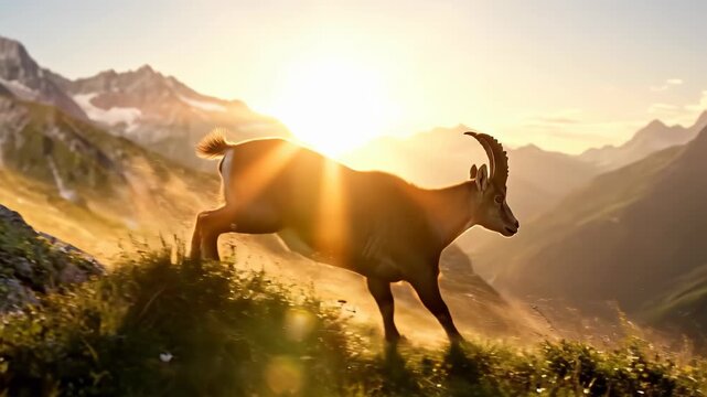 Wild alpine ibex jumping across a rocky mountain slope during golden hour with a majestic snow-capped peak in the background