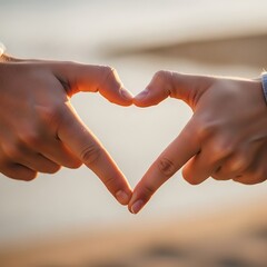 Close up of two hands forming a heart shape against a soft, blurred background, symbolizing love and connection © stella5532