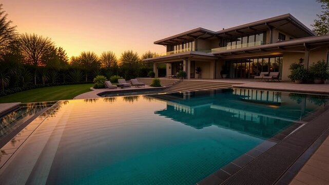 A sprawling modern architectural masterpiece, featuring clean lines and a harmonious blend of natural materials, basks in the warm, golden light of a setting sun, with a pristine turquoise swimming