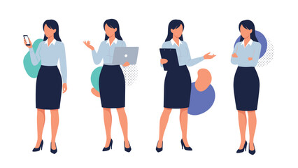 Fototapeta premium Professional woman character in business attire shown in different poses including holding a phone laptop and a clipboard.