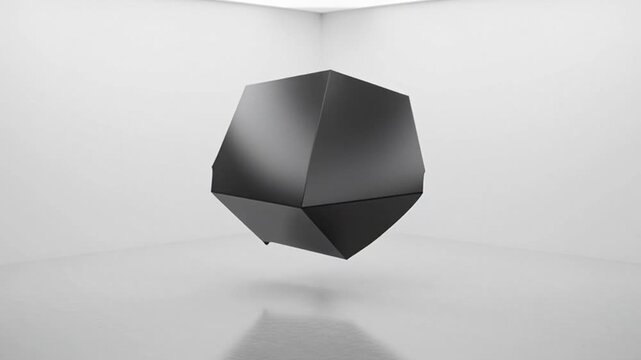 Floating black cube in empty white room with shadow
