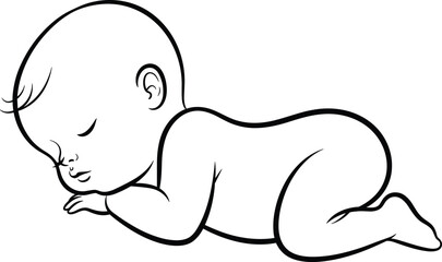 Obraz premium Peaceful newborn baby sleeping on stomach line art illustration, minimalist black and white vector drawing for parenting, childcare, nursery design
