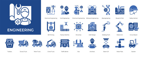 Engineering Icon set Collection in Glyph Two Color Style. engineering, mechanical, electrical, civil, chemical, software