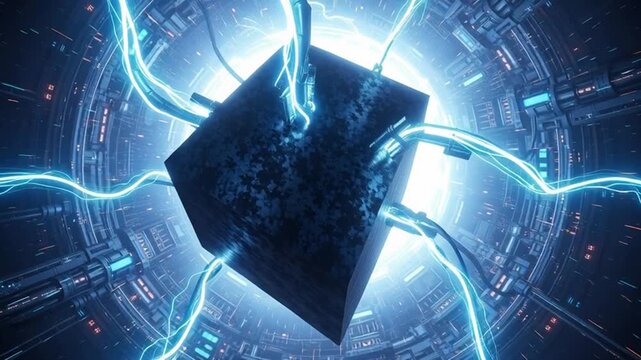 Dark cube with glowing blue circuits in futuristic technology background