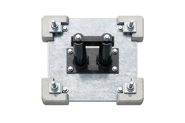 Fototapeta premium Heavy duty industrial roller assembly with concrete and metal base on black background