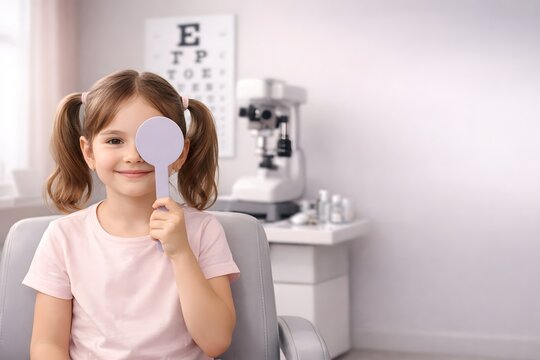 A girl with ponytails sits in a chair at an eye clinic. She holds an eye patch and smiles. The background shows equipment used for eye tests and a chart