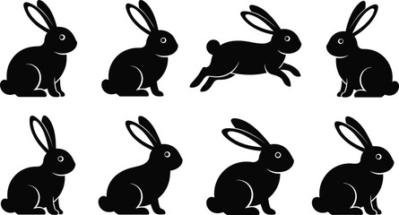Rabbit silhouette vector illustration set featuring sitting and leaping poses, upright ears, rounded bodies, wildlife, nature, ecology, animal design. © Mortuza Samiha
