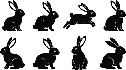 Rabbit silhouette vector illustration set showing diverse poses, sitting, running, crouching, upright stances, animal design, wildlife, nature, and ecology. © Mortuza Samiha