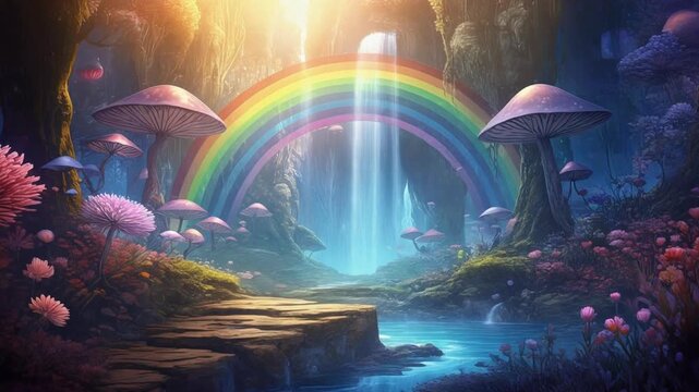 Rainbow Waterfall Fantasy Scene.