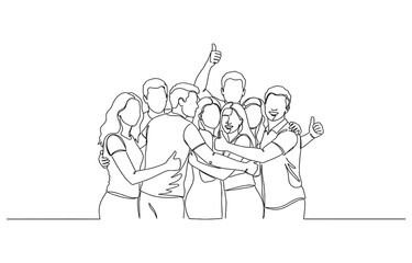 Obraz premium One continuous line drawing of young male and female business people posing hugging each other to celebrate their success. 