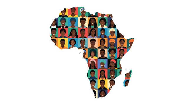 Silhouette map of the African continent filled with a diverse grid of portraits representing different African people and cultures.