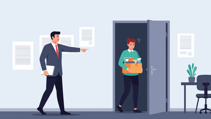 Obraz premium Workplace conflict or dismissal concept showing a boss pointing at the door while an employee leaves the office with a box of belongings.