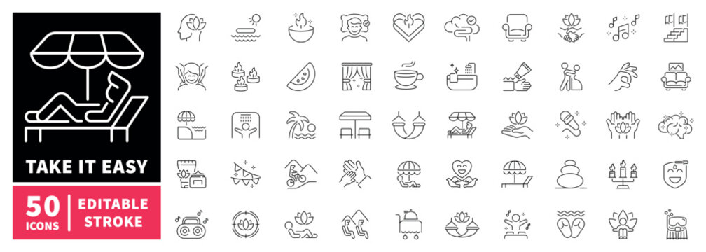 Relaxation and leisure editable line icons set. Linear and outline symbols
