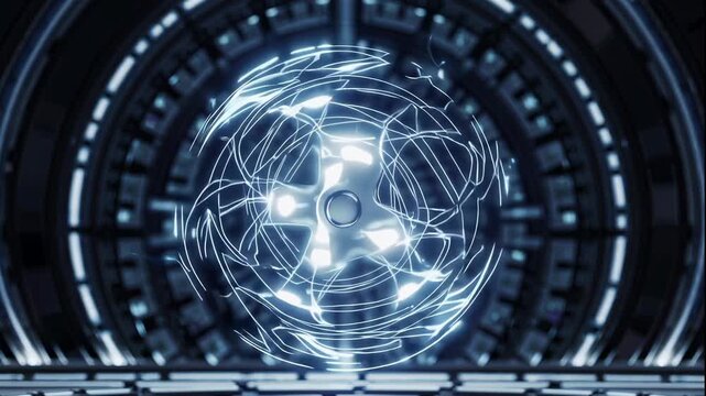 A futuristic video showcasing a glowing blue orb with swirling lines and lights in a dark room with a metallic background