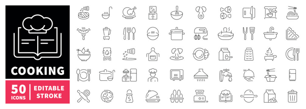 Cooking and cuisine editable line icons set. Recipe and kitchen essentials