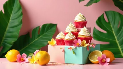 Fototapeta premium Delightful lemon cupcakes displayed on a pastel tiered stand, adorned with vibrant tropical flowers and citrus fruits against a soft pink backdrop.