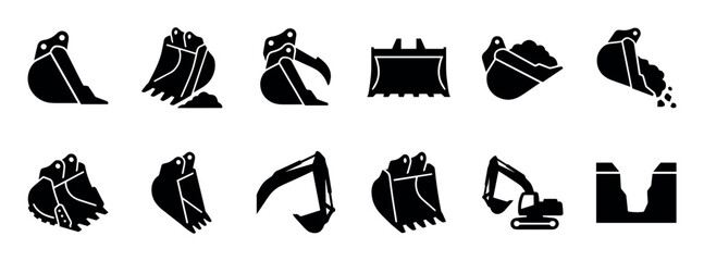 Excavator bucket and construction machinery icon set showing various types of digger scoops, grapples, and a full vehicle in a black silhouette glyph style for industrial design © stocker777
