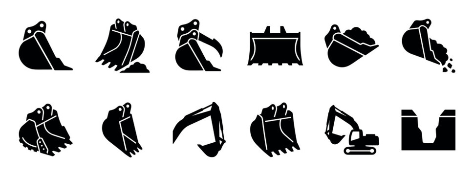 Excavator bucket and construction machinery icon set showing various types of digger scoops, grapples, and a full vehicle in a black silhouette glyph style for industrial design