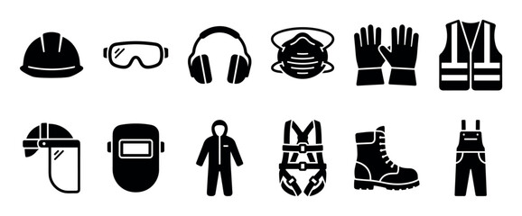 Personal protective equipment icon set featuring black glyphs of a hard hat, safety glasses, earmuffs, respirator mask, gloves, vest, boots, and a safety harness for work