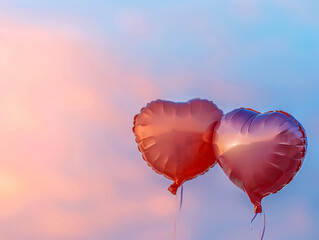 Fototapeta premium Two Red Heart Balloons in Sunset Sky with Copy Space on Left for Valentine Banner and Romantic Love Quote Background