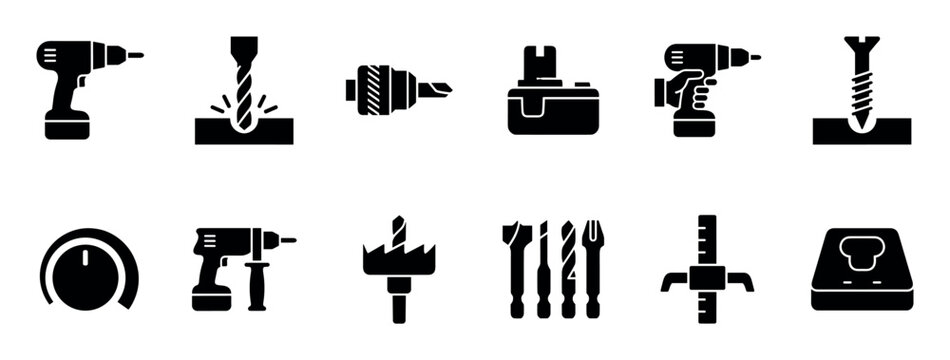 Black glyph icon set of various power tools and workshop equipment for construction and carpentry, featuring a cordless drill, screwdriver, bits, screw, and battery symbols