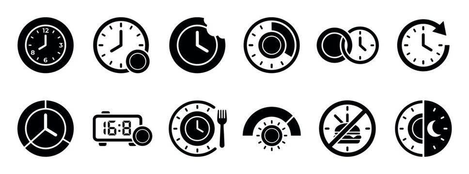 Collection of black intermittent fasting icons showing various clock faces, time intervals, eating windows, and diet schedule symbols in a minimalist glyph style for health concepts