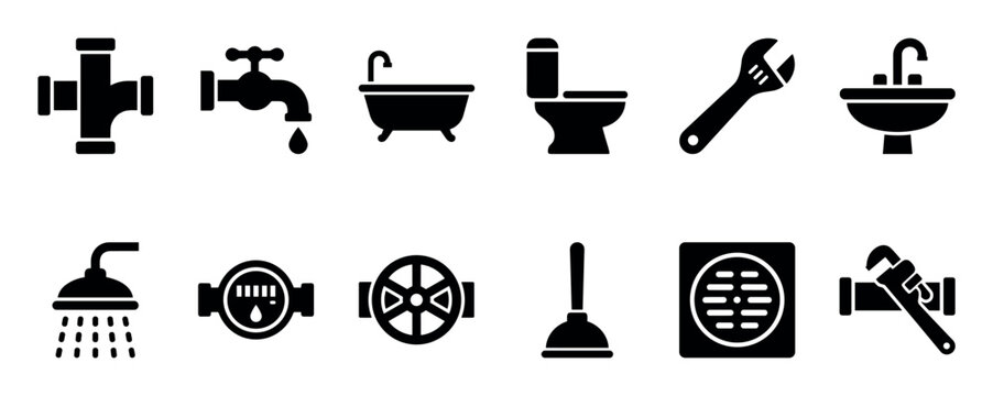 Set of black plumbing icons for bathroom and kitchen fixtures includes a pipe, faucet, toilet, wrench, sink, and shower head in a minimalist glyph style