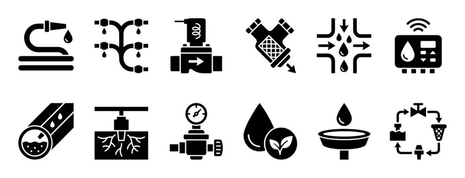 Set of black glyph icons for water management systems, including drip irrigation, filtration, pressure gauges, smart controllers, and conservation symbols for agriculture