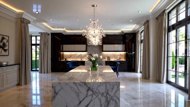Luxurious grand kitchen interior design featuring expansive white marble flooring, custom dark cabinetry, and a striking crystal chandelier centerpiece, real estate