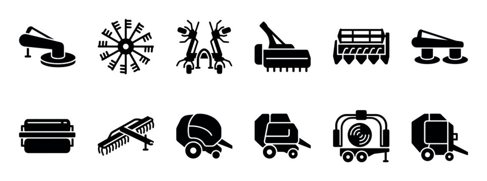 Black agricultural machinery icon set featuring various farm equipment for forage harvesting and haymaking, including mowers, rakes, balers, and combines in a solid glyph style