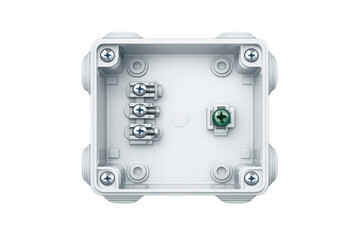 Obraz premium Empty white electrical junction box with screws and terminals on a black background