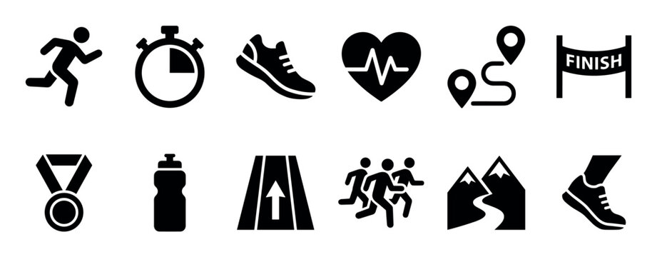 Collection of black silhouette running icons for fitness and marathon themes, including a stopwatch, medal, heartbeat, route map, and finish line for sports concepts