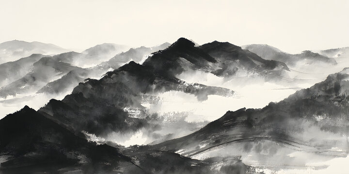 A panoramic mountain landscape brush drawing texture style