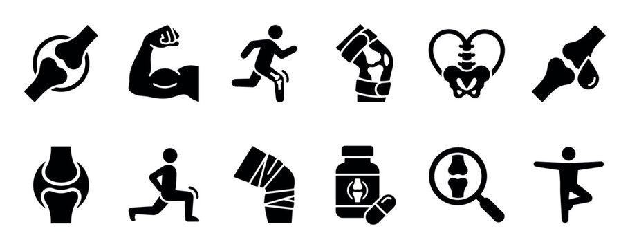 Black glyph icon set for orthopedics and rheumatology showing joint health, bone anatomy, sports injury, physical therapy, and medical treatment pictograms