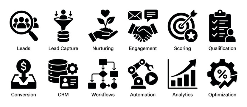 Set of black solid glyph icons representing lead management and marketing automation concepts like nurturing, scoring, conversion, CRM, workflows, and analytics for business