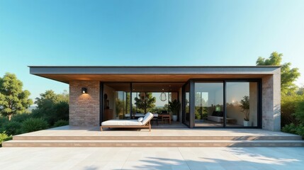 Modern Architectural Design Featuring Expansive Glass Walls and Brick Accents, Creating a Serene Outdoor Living Space