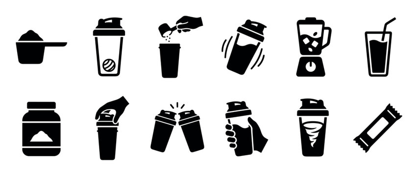 Protein shake and fitness supplement icon set in a minimalist glyph style, illustrating the preparation process with a shaker, scoop, powder, blender, and other gym nutrition elements