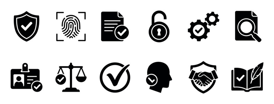 Set of black compliance and verification icons representing security, legal approval, identity, and trust with simple glyph symbols like a shield, fingerprint, and scales of justice